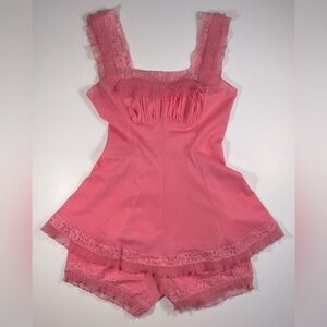 Vintage 1960s Pink Babydoll Lingerie Set Lace Ruffle Cami & Shorts ✨Harvey Woods